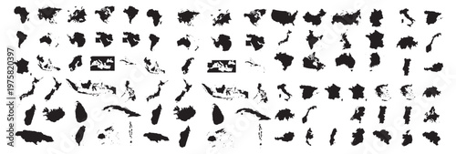 Collection of world country and continent map silhouettes on white background