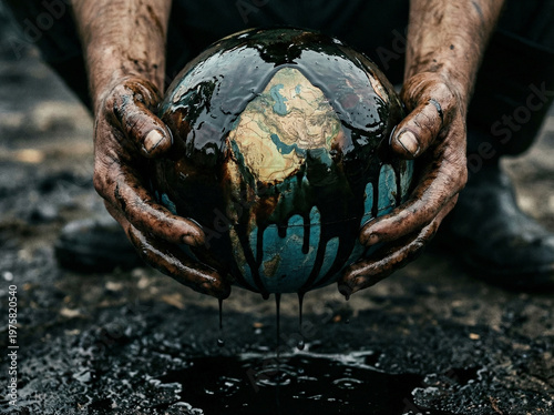 Foto Oil covered Earth globe symbolizing Middle East conflict and energy crisis