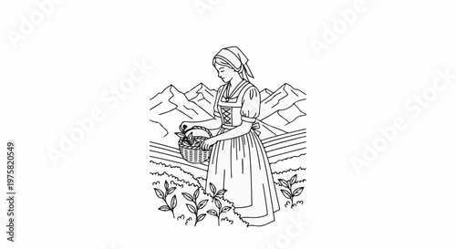 Woman in traditional dress gathering produce in scenic mountain landscape