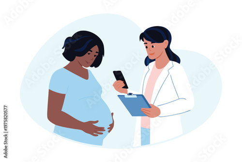 Doctor consults with a pregnant patient reviewing information on a device