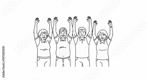 A diverse group of happy seniors with arms raised in a celebratory gesture