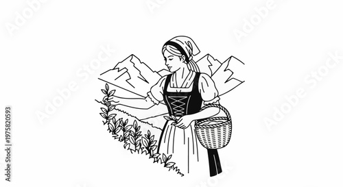 Woman in traditional dress picking leaves in a mountainous landscape