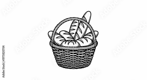 Woven basket overflowing with freshly baked baguettes and loaves
