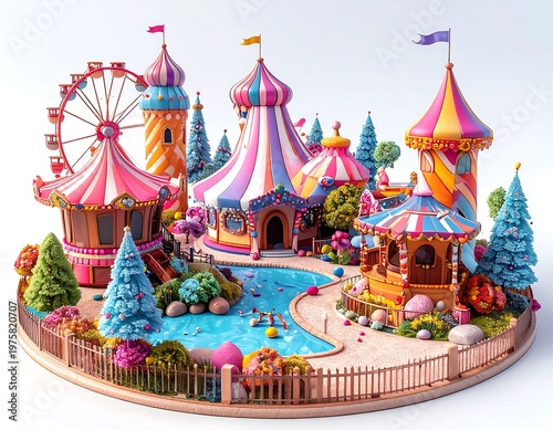 Miniature, colorful amusement park with a Ferris wheel, circus tents, and a swimming pool, all set on a platform