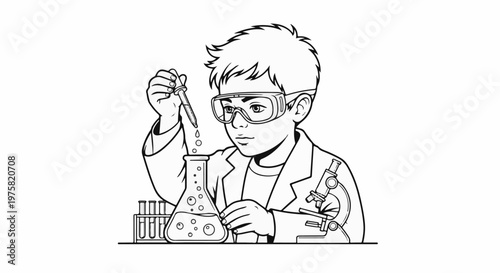 Young scientist in goggles experiments with liquids in beakers