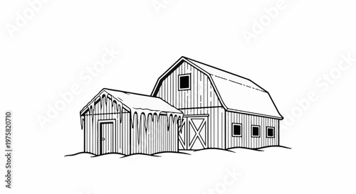 Black and white drawing of a barn with a smaller shed attached