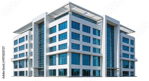 Modern corporate office building exterior featuring white stone facade and reflective glass windows isolated on white