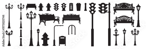 Urban street and city park element silhouettes with traffic lights benches and lanterns