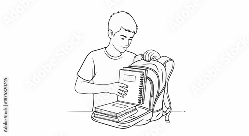Young student placing books and notebooks into an open backpack