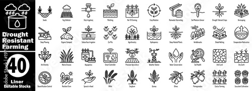 Sustainable Drought-Resistant Farming line icons for water conservation tech.