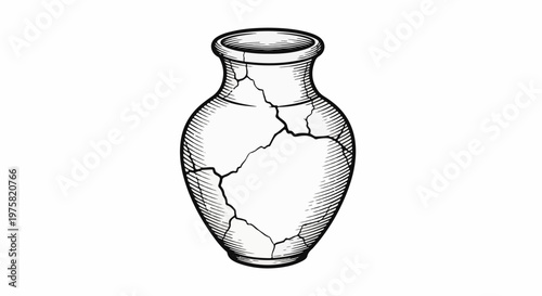 Ancient cracked ceramic vase with intricate line shading