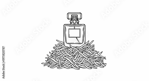 An outline of a perfume bottle resting on a pile of thin, wavy strips