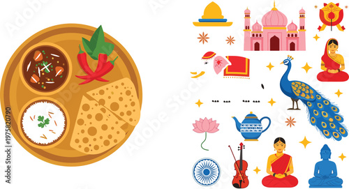 Indian culture and food vector illustration set with traditional thali meal spices landmarks peacock and spiritual elements collection