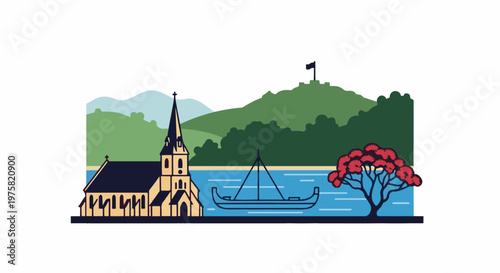 A stylized landscape featuring a church, boat, tree, and distant hills