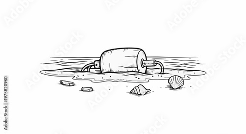 A sketch of a float or buoy partially submerged in shallow ocean waves on a sandy beach