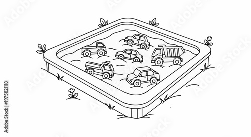 A line drawing of a sandbox with toy vehicles and plants
