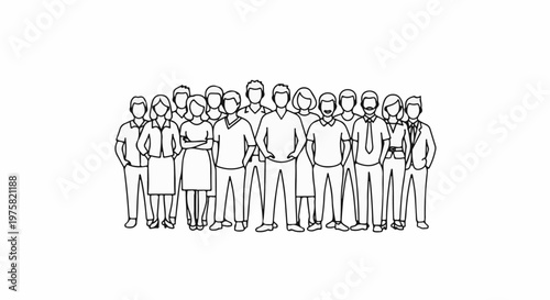 A diverse group of individuals, depicted in a line drawing, stand together
