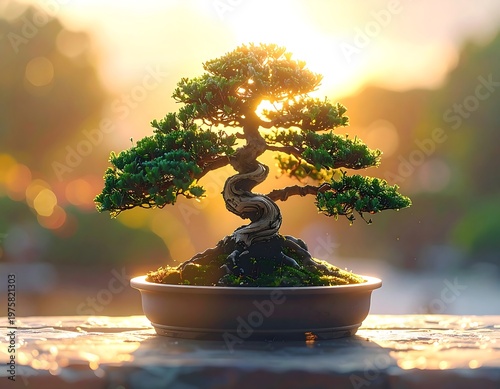 Miniature tree sculpture in a shallow bowl, with a spiraling trunk, under a golden, blurred sunset
