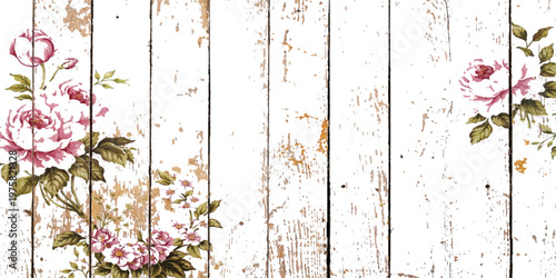Vintage pink flowers bloom against a weathered brown wooden background featuring a rusty grunge texture and aged paint on a rough plank surface backdrop