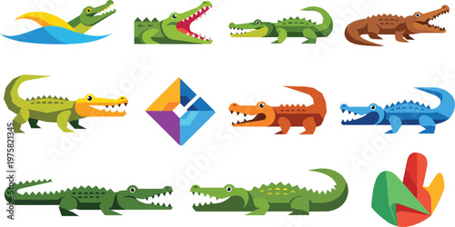 Cartoon Crocodile Alligator Vector Set Cute Reptile Animal Collection Illustration