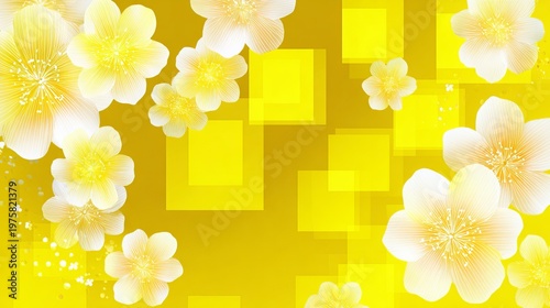 Abstract Yellow Floral Background with Geometric Shapes and Blossoms.