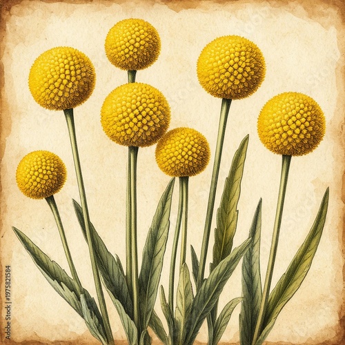 Vintage botanical illustration of Craspedia Billy Balls flower