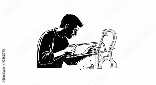 Craftsman meticulously sawing a curved wooden shape, sawdust flying