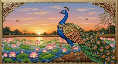 Majestic Peacock Stands Beside Tranquil Lotus Pond at Sunset.