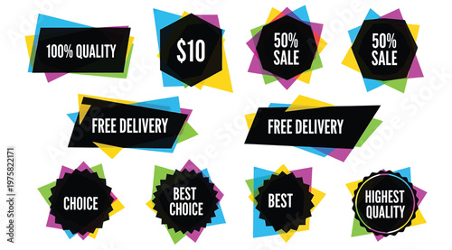 Collection of black promotional labels with colorful abstract geometric backgrounds, marketing stickers