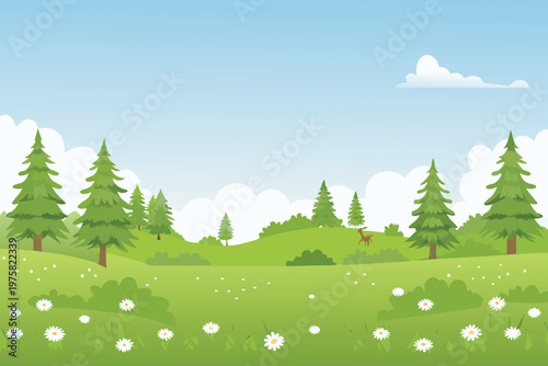 A peaceful green meadow landscape with deer and evergreen trees