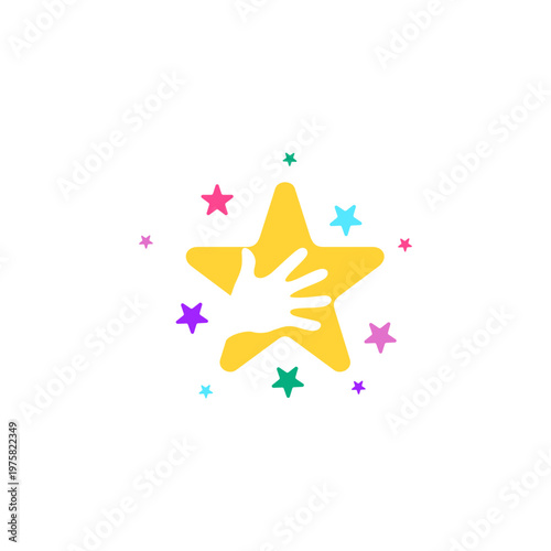 Hand inside yellow star shape symbol.