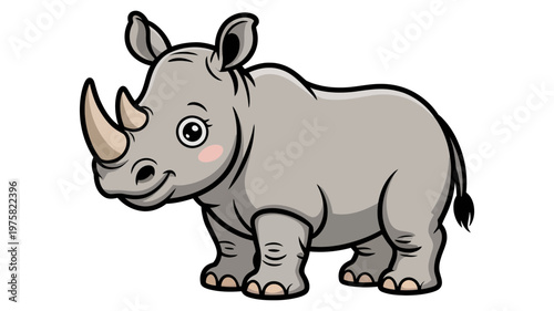 A happy and friendly cartoon rhinoceros stands looking forward with a gentle expression on its face.