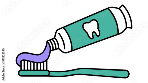 A colorful illustration shows purple toothpaste being squeezed onto a green toothbrush for dental hygiene.