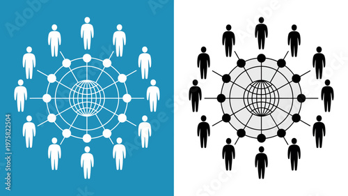 Two distinct graphic illustrations showing human figures connected in a global network around the world.
