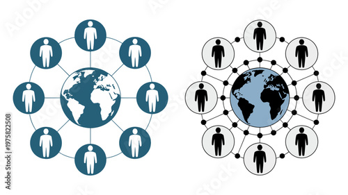 Conceptual illustrations depicting an interconnected global community with human figures linked to a central Earth icon.