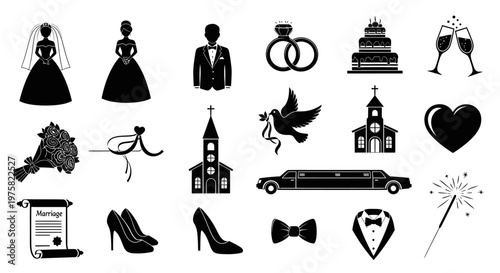 Wedding Romance Silhouette Vector Sheet 14 Icons for Bridal Invitation Design