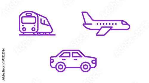 Three outline icons in purple representing popular modes of transportation: train, airplane, and car.