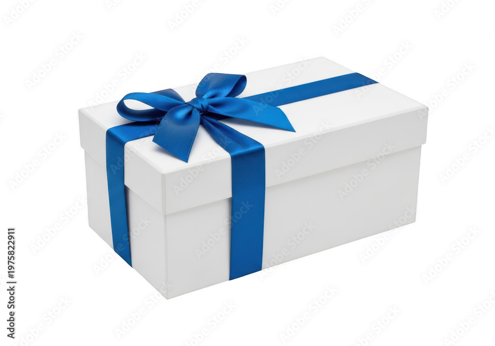 Obraz premium A white gift box with a blue ribbon