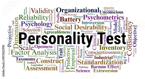 Personality Test Word Cloud. An Overview of Psychometric Validity, Reliability, Objective and Projective Inventories, and the Scientific Models used to Measure Individual Differences.