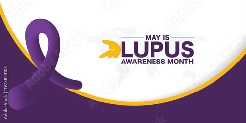 May is lupus awareness month design featuring white butterfly icon on purple gradient background with stethoscope for systemic lupus erythematosus advocacy and medical information