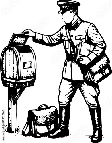 Vintage Black and White Line Art Illustration of Postman Posting Letter into Mailbox on Post with Bag on Ground - Retro Stock Vector for Postal and Espionage Themes
