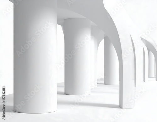 Modern architectural composition featuring large white columns and arched openings, creating a minimalistic and abstract aesthetic