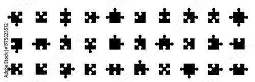 Puzzle icons. Puzzle pieces. Solution, jigsaw, strategy, connection, brain.