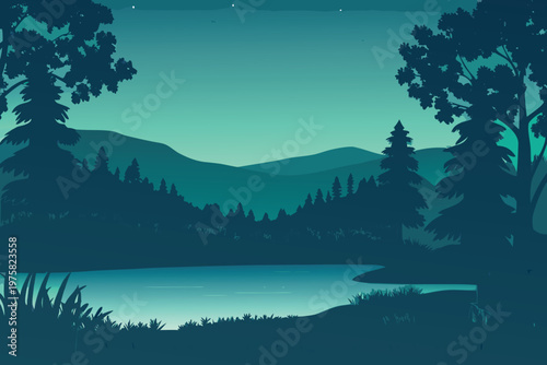 Serene nighttime landscape featuring silhouetted trees and a calm lake