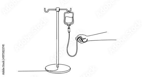 Continuous Line Drawing of IV Drip Stand with Bag and Hand Vector