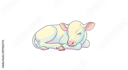 Cute white calf sleeping peacefully, illustration, farm animal, baby cow