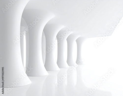 Modern architectural interior showcasing a series of smooth, white columns lining a corridor. Gleaming reflective surface