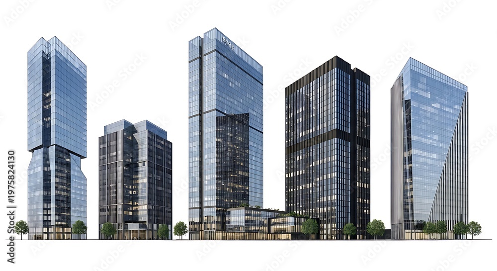 Obraz premium Modern glass skyscraper complex with contemporary office towers isolated on white background for architectural design