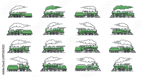 Set of Green Steam Locomotives, Vintage Train Illustrations, Isolated on White