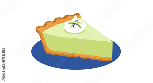 Slice of Key Lime Pie with Whipped Cream and Palm Tree Logo on Blue Plate